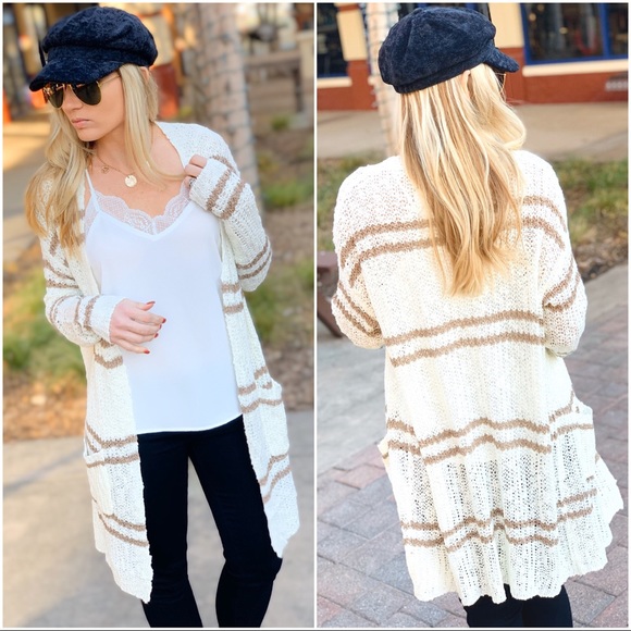 Cream and Taupe double stripe long cardigan - Picture 6 of 6